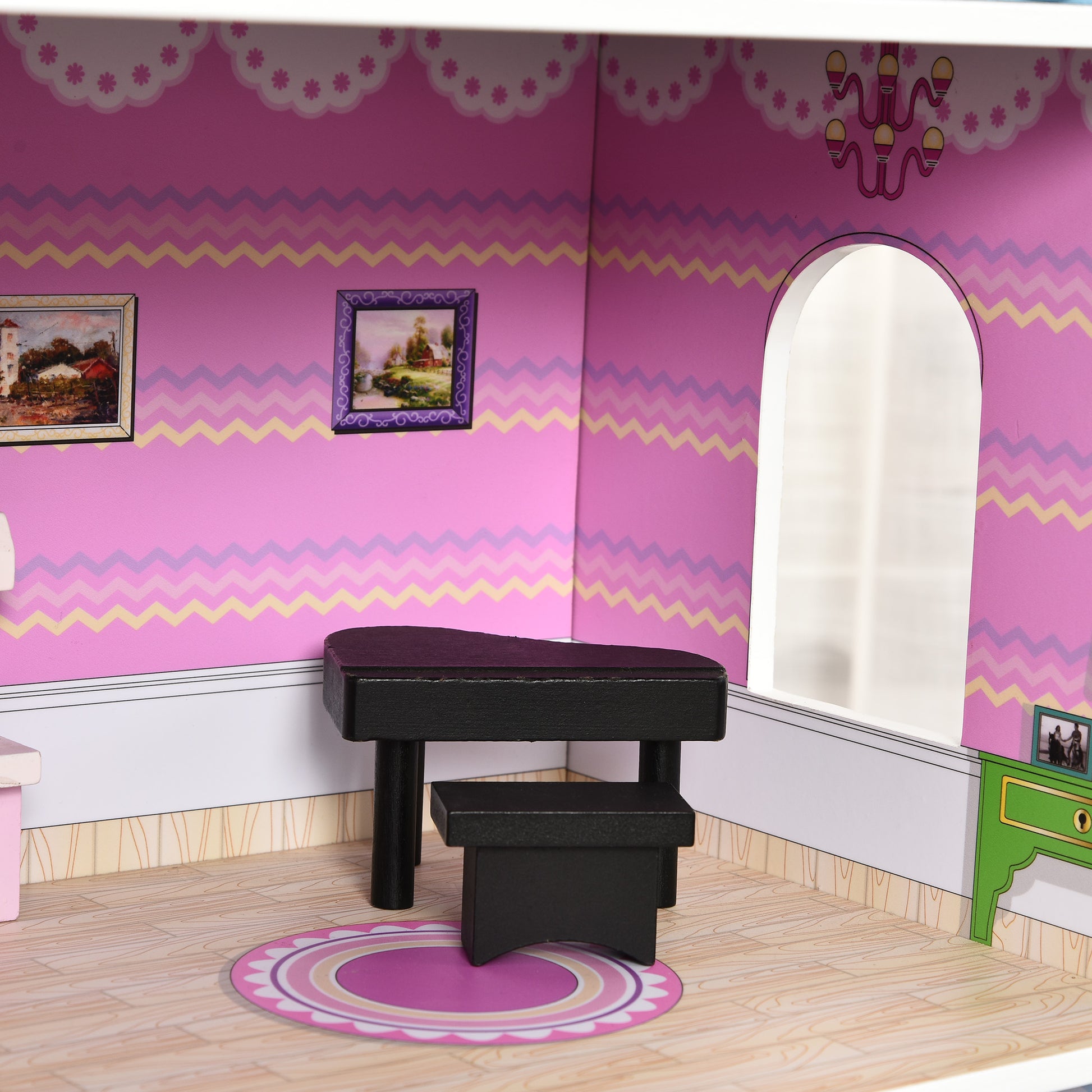 3-Story Wooden Dollhouse with Patio 86x30x87 cm 13-Piece Furniture and Accessories Cute Design Toy Dollhouse Pink