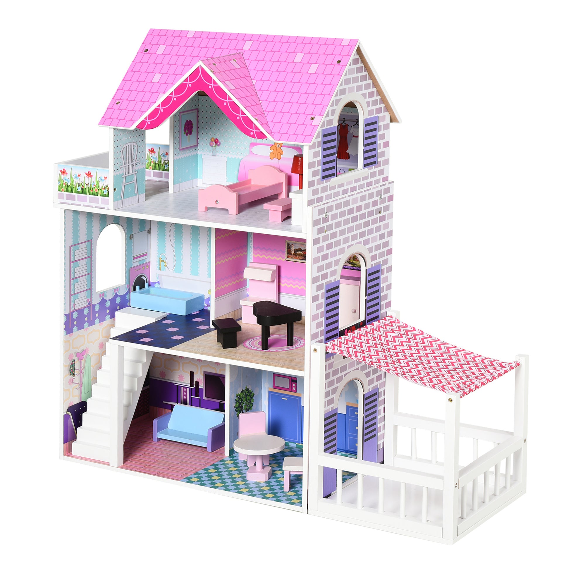 3-Story Wooden Dollhouse with Patio 86x30x87 cm 13-Piece Furniture and Accessories Cute Design Toy Dollhouse Pink