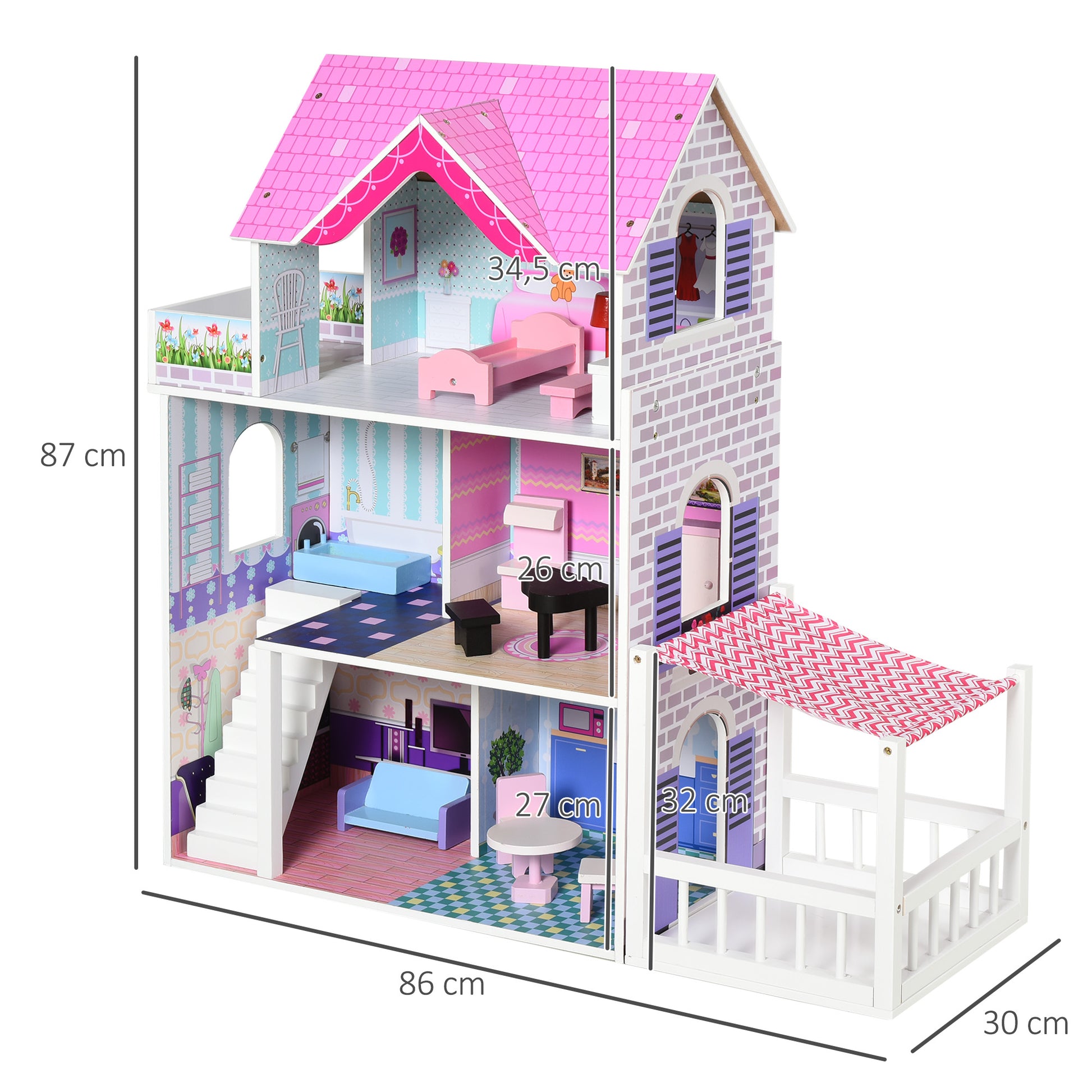 3-Story Wooden Dollhouse with Patio 86x30x87 cm 13-Piece Furniture and Accessories Cute Design Toy Dollhouse Pink