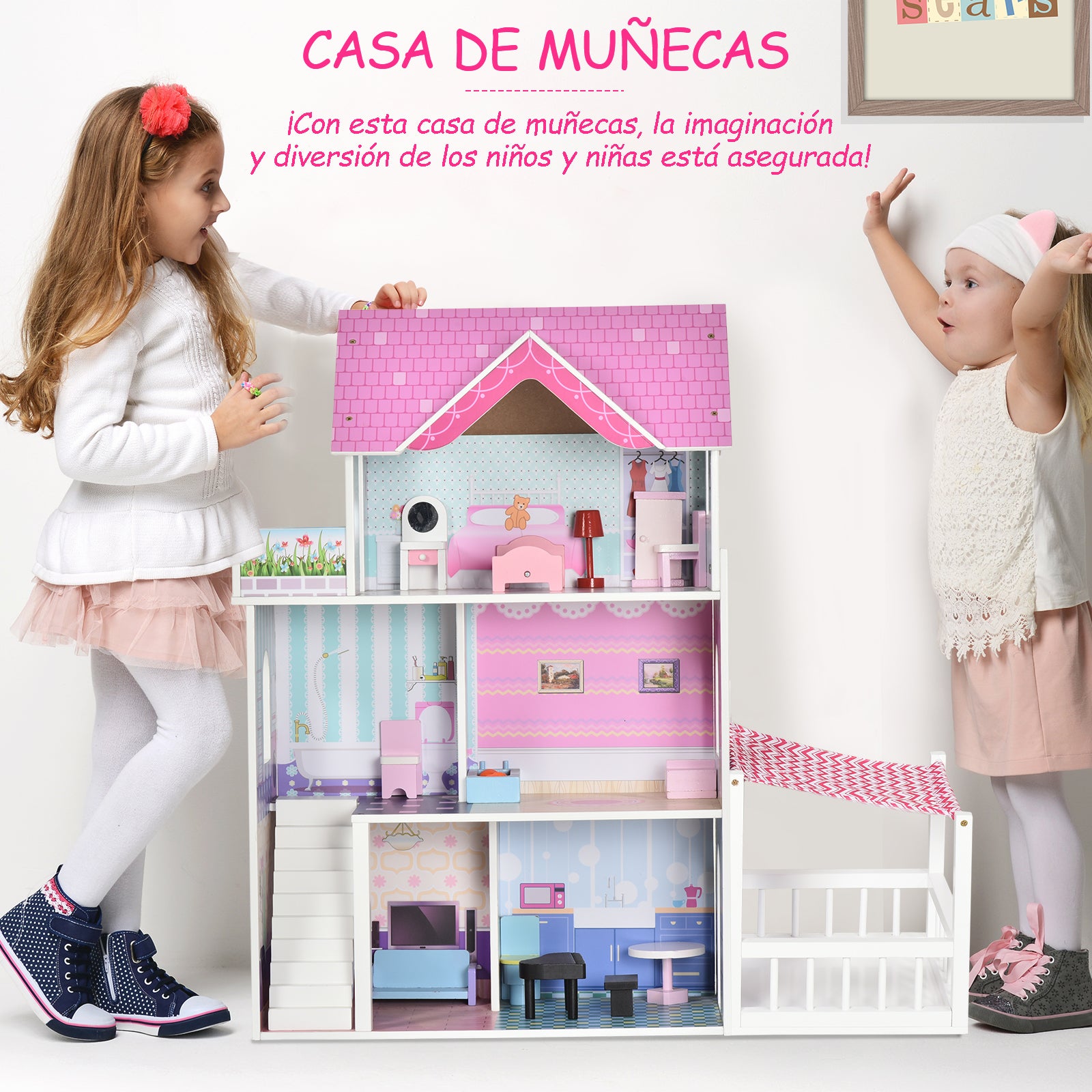 3-Story Wooden Dollhouse with Patio 86x30x87 cm 13-Piece Furniture and Accessories Cute Design Toy Dollhouse Pink