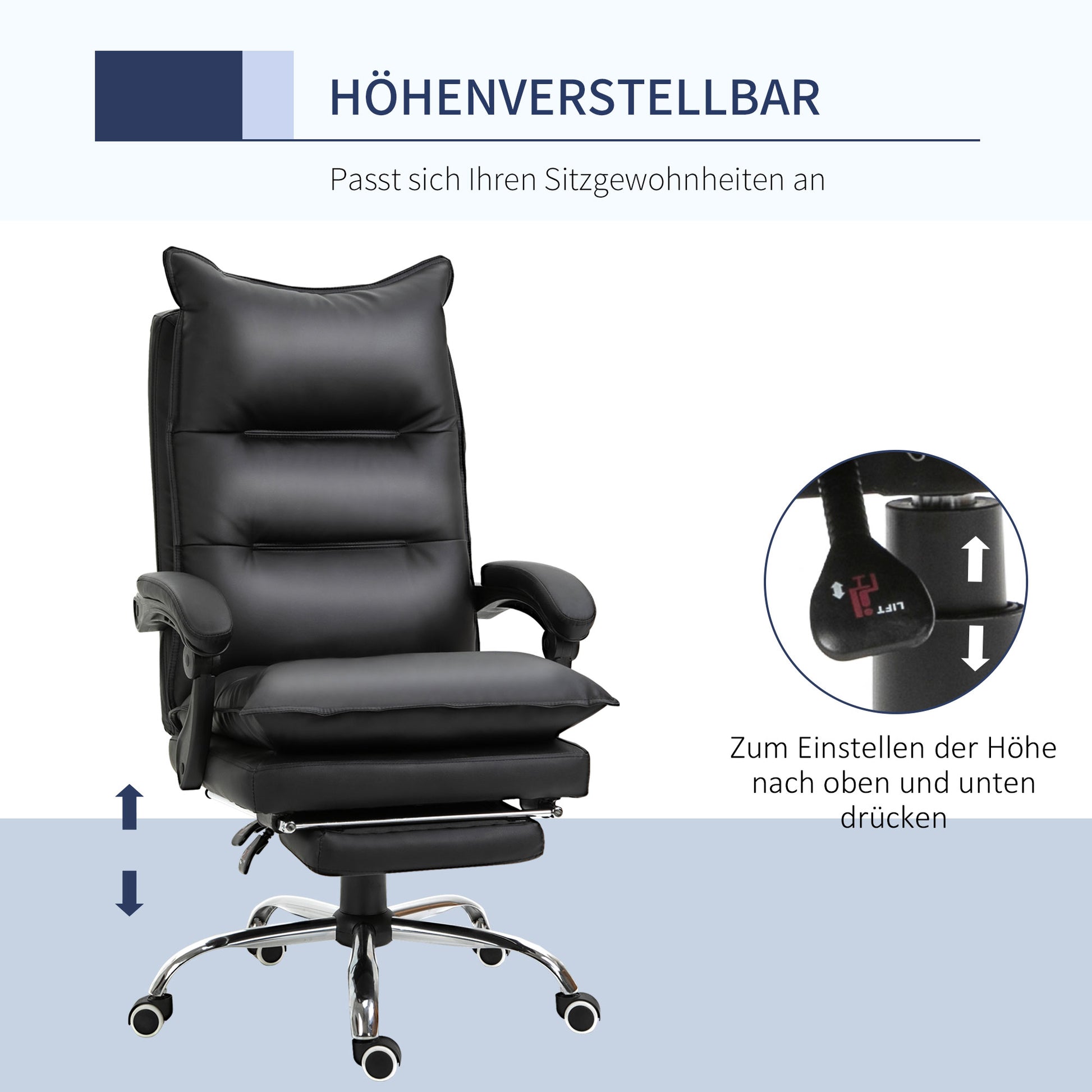 Office Chair with Reclining Function, Ergonomic Desk Chair, Height Adjustable Swivel Chair with Footrest, Upholstered, Up to 135 kg load capacity, for Office, Study, Black