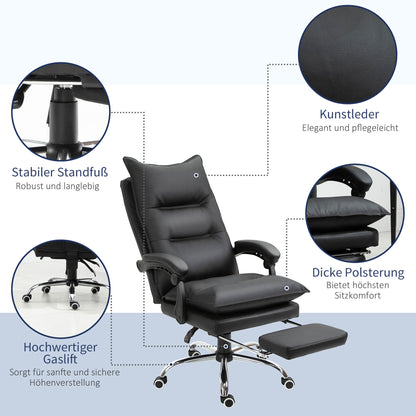 Office Chair with Reclining Function, Ergonomic Desk Chair, Height Adjustable Swivel Chair with Footrest, Upholstered, Up to 135 kg load capacity, for Office, Study, Black