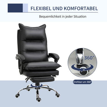 Office Chair with Reclining Function, Ergonomic Desk Chair, Height Adjustable Swivel Chair with Footrest, Upholstered, Up to 135 kg load capacity, for Office, Study, Black