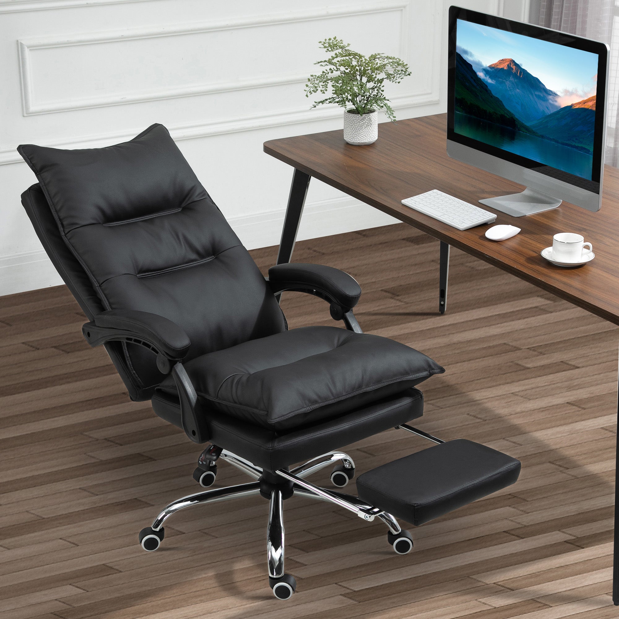 Office Chair with Reclining Function, Ergonomic Desk Chair, Height Adjustable Swivel Chair with Footrest, Upholstered, Up to 135 kg load capacity, for Office, Study, Black