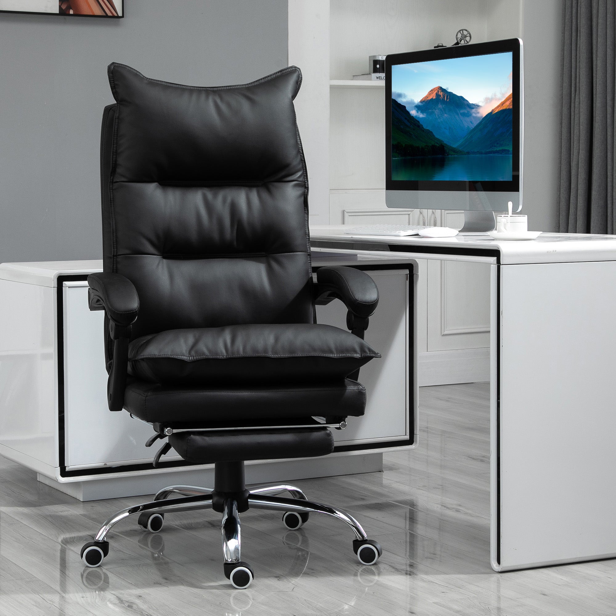 Office Chair with Reclining Function, Ergonomic Desk Chair, Height Adjustable Swivel Chair with Footrest, Upholstered, Up to 135 kg load capacity, for Office, Study, Black