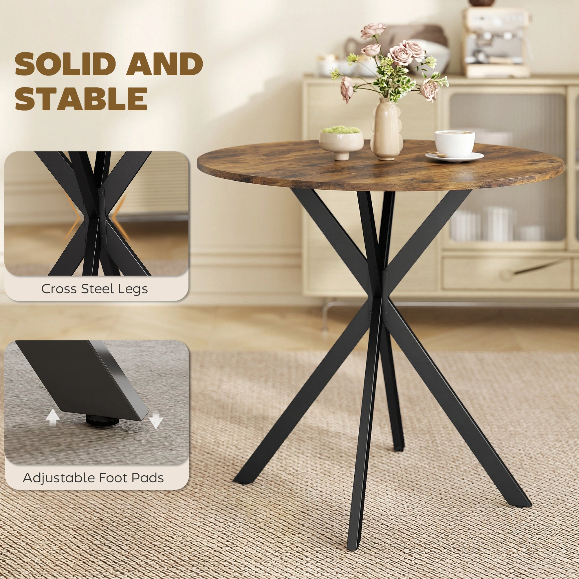 Round Dining Table (31.5 in Ø) Industrial Style with Steel Legs — Kitchen, Dining, Home Office, Rustic Brown