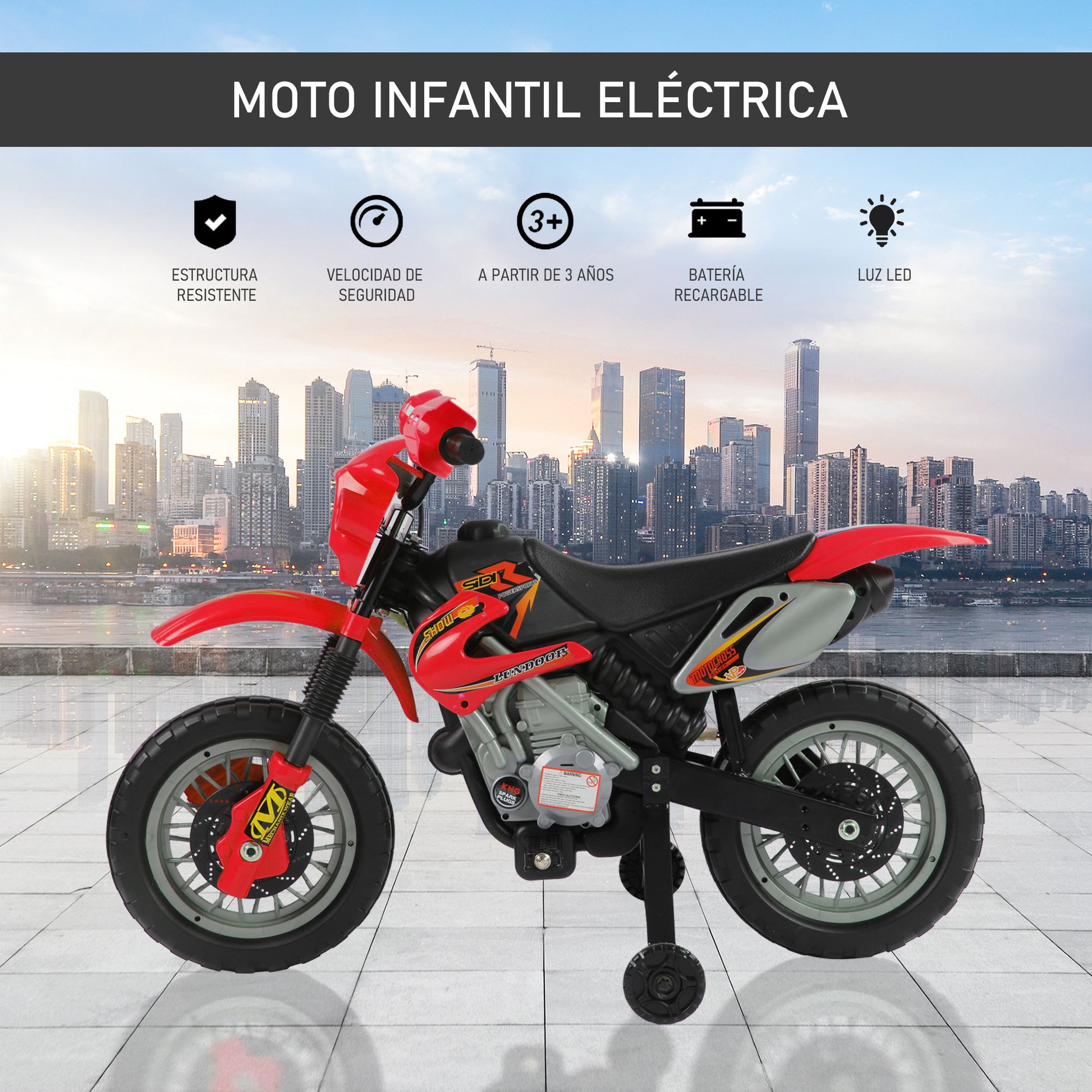 Rechargeable 6V Battery Kids Electric Motorcycle 3+ Years Charger and Support Wheels 102x53x66 cm Red
