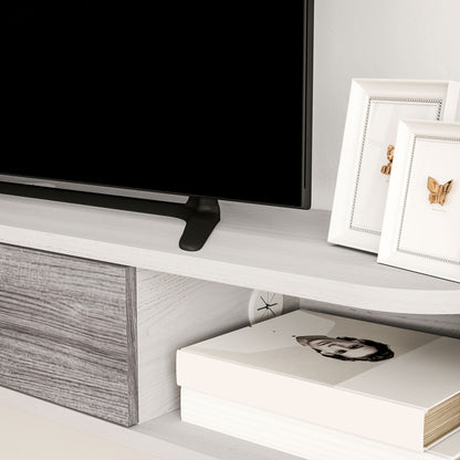 Floating TV Stand with 2 Open Shelves and Flip-Down Cabinet, Wooden TV Cabinet, 120x26x16 cm, White and Gray