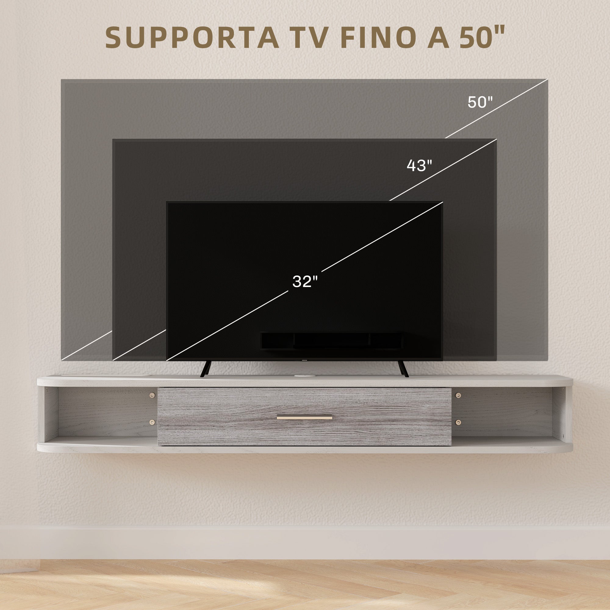 Floating TV Stand with 2 Open Shelves and Flip-Down Cabinet, Wooden TV Cabinet, 120x26x16 cm, White and Gray