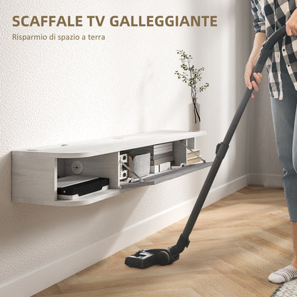 Floating TV Stand with 2 Open Shelves and Flip-Down Cabinet, Wooden TV Cabinet, 120x26x16 cm, White and Gray