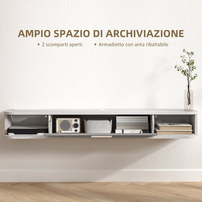 Floating TV Stand with 2 Open Shelves and Flip-Down Cabinet, Wooden TV Cabinet, 120x26x16 cm, White and Gray