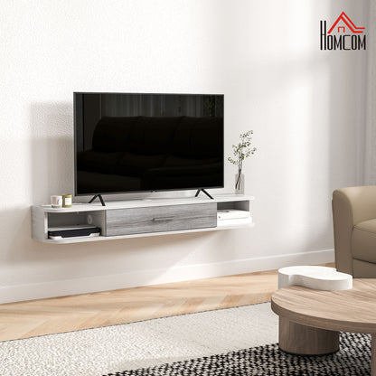 Floating TV Stand with 2 Open Shelves and Flip-Down Cabinet, Wooden TV Cabinet, 120x26x16 cm, White and Gray