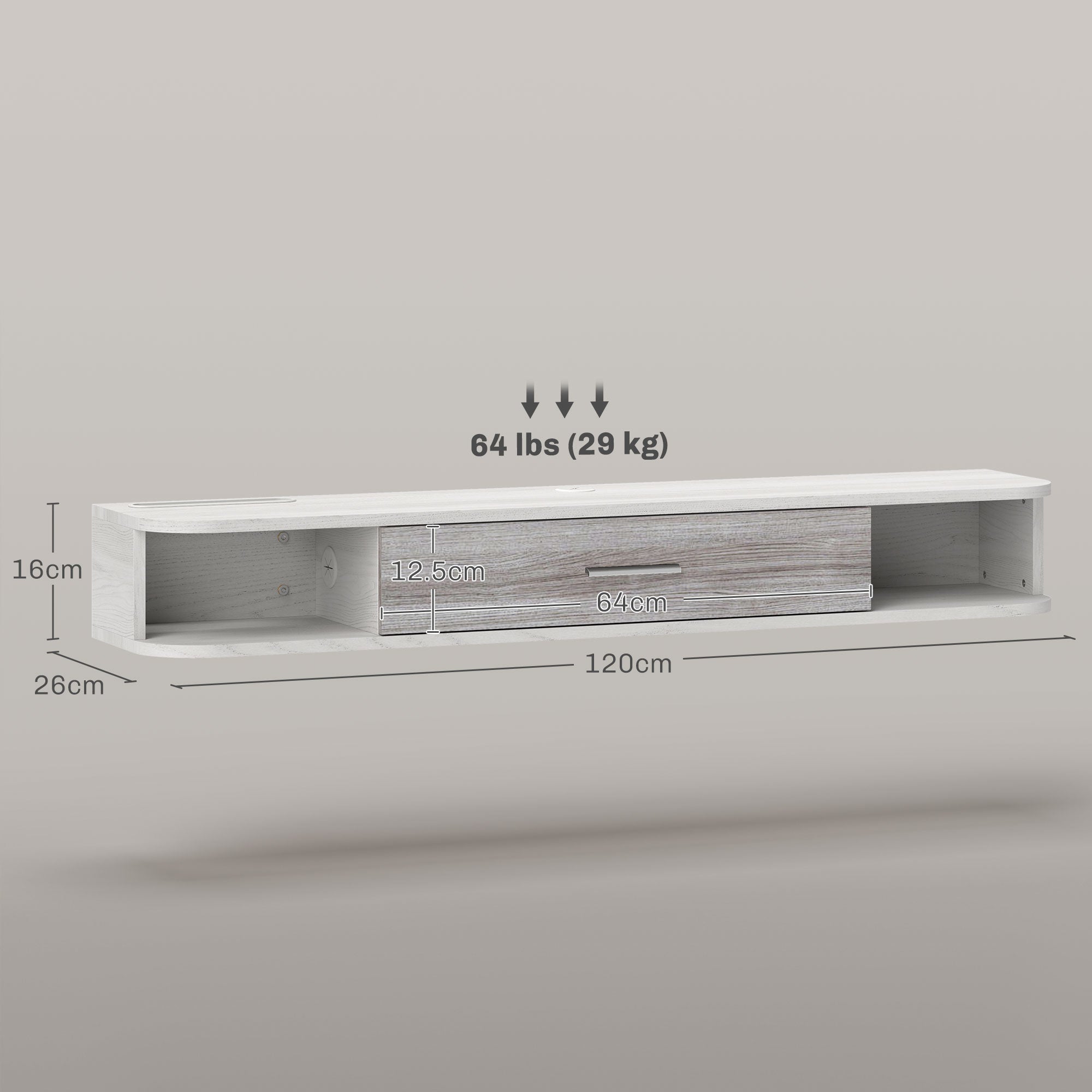 Floating TV Stand with 2 Open Shelves and Flip-Down Cabinet, Wooden TV Cabinet, 120x26x16 cm, White and Gray