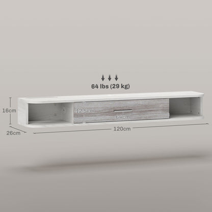 Floating TV Stand with 2 Open Shelves and Flip-Down Cabinet, Wooden TV Cabinet, 120x26x16 cm, White and Gray