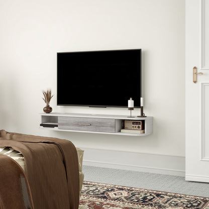 Floating TV Stand with 2 Open Shelves and Flip-Down Cabinet, Wooden TV Cabinet, 120x26x16 cm, White and Gray