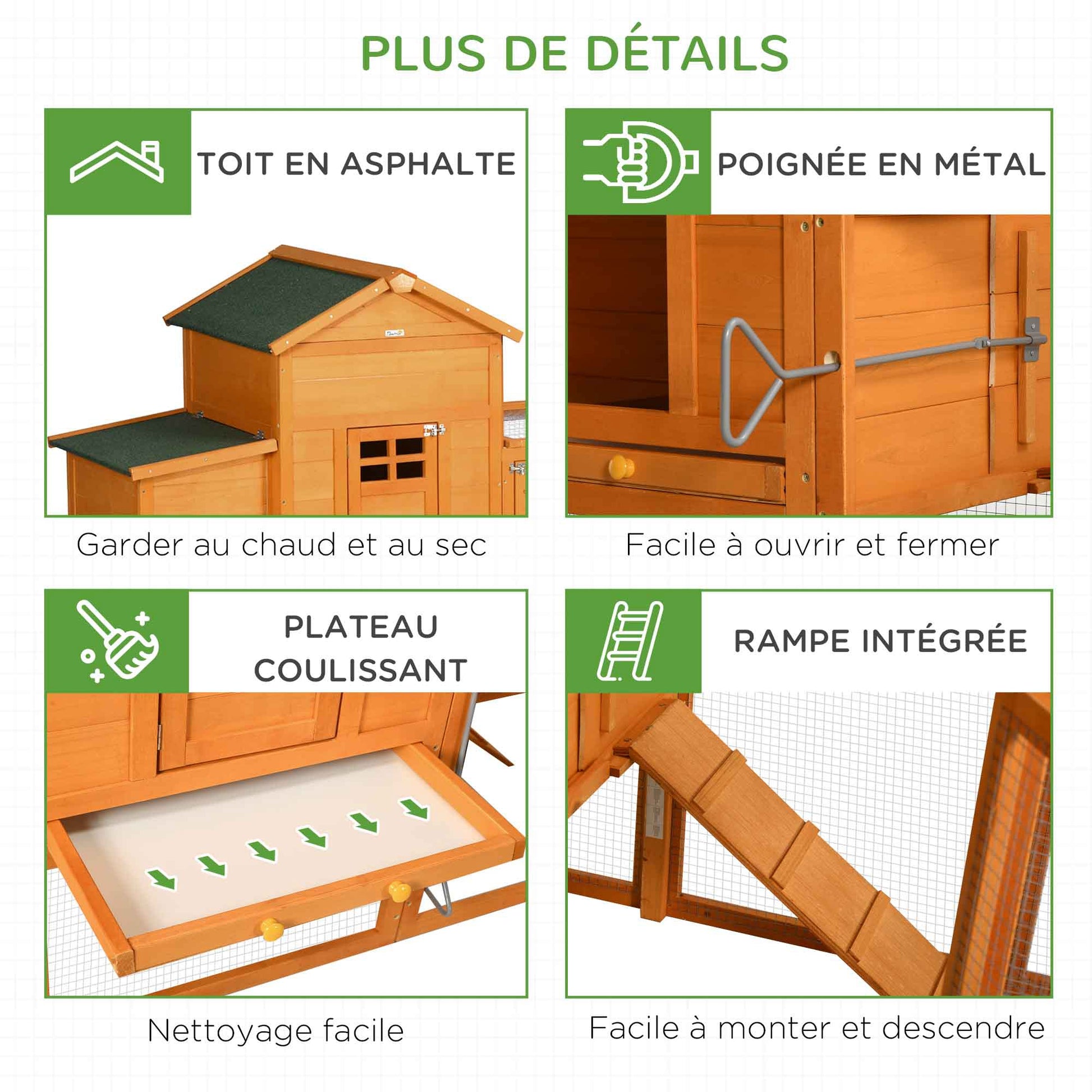 Wooden Chicken House, Chicken Coop for Outdoor Chickens, with Nest, Separate Nest, Multiple Doors, Removable Bottom, for 3 to 6 Chickens, Made of Solid Wood, Orange