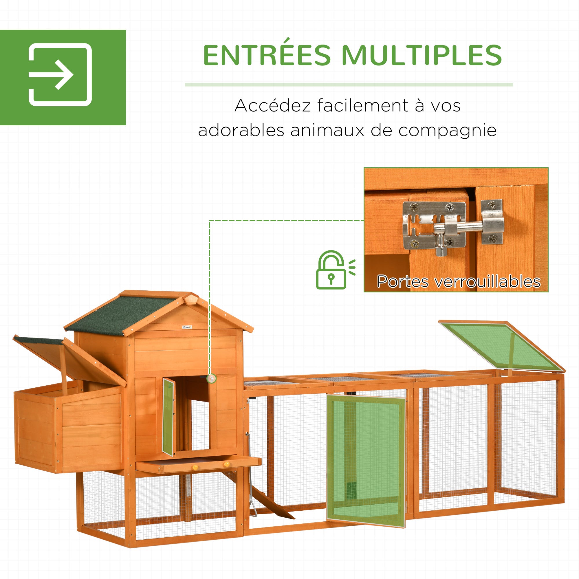 Wooden Chicken House, Chicken Coop for Outdoor Chickens, with Nest, Separate Nest, Multiple Doors, Removable Bottom, for 3 to 6 Chickens, Made of Solid Wood, Orange