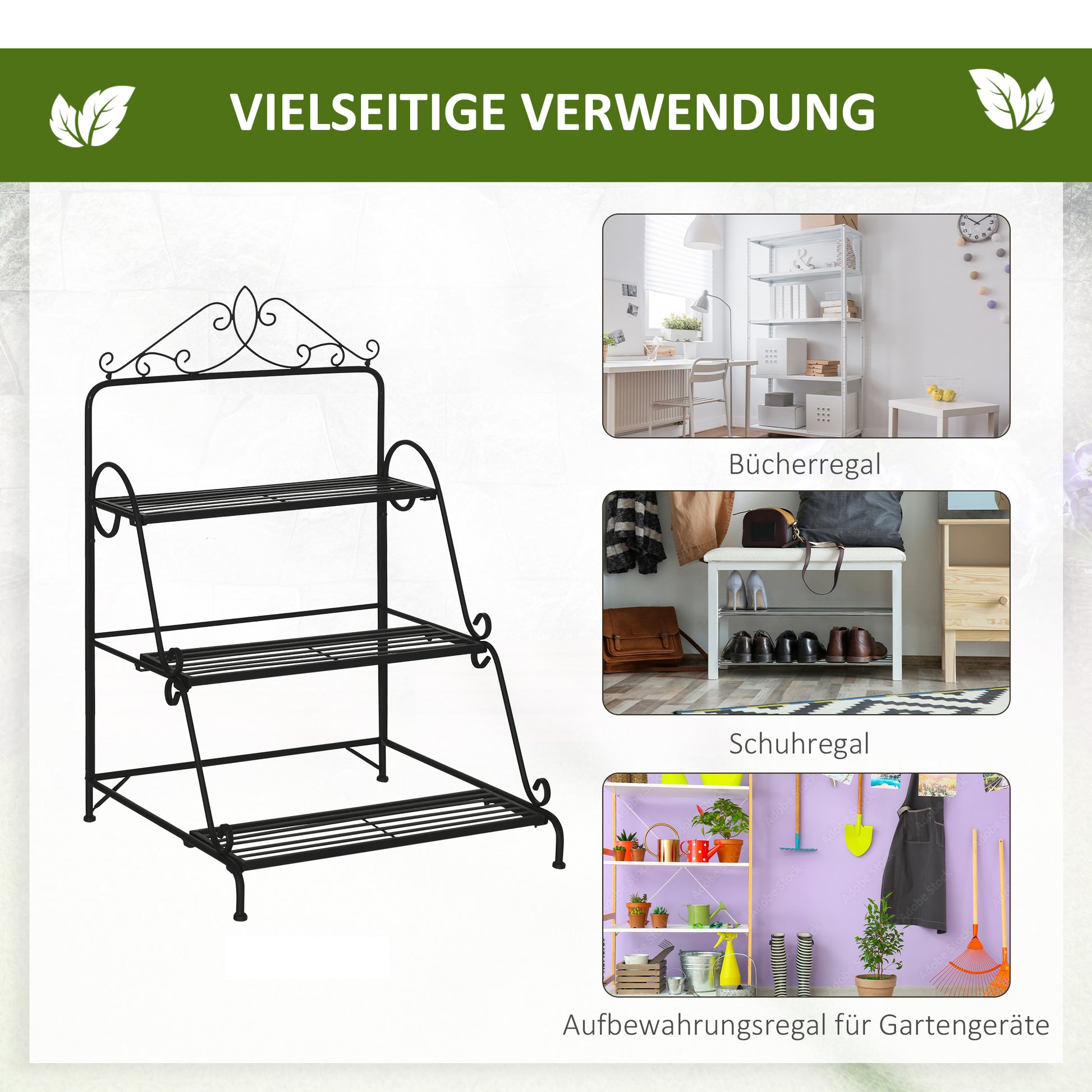 Metal Flower Stand 3 Tiers Plant Stand Plant Stand Ladder Shelf Flower Stand Indoor Outdoor Black 60.5 x 59.5 x 95.5 cm