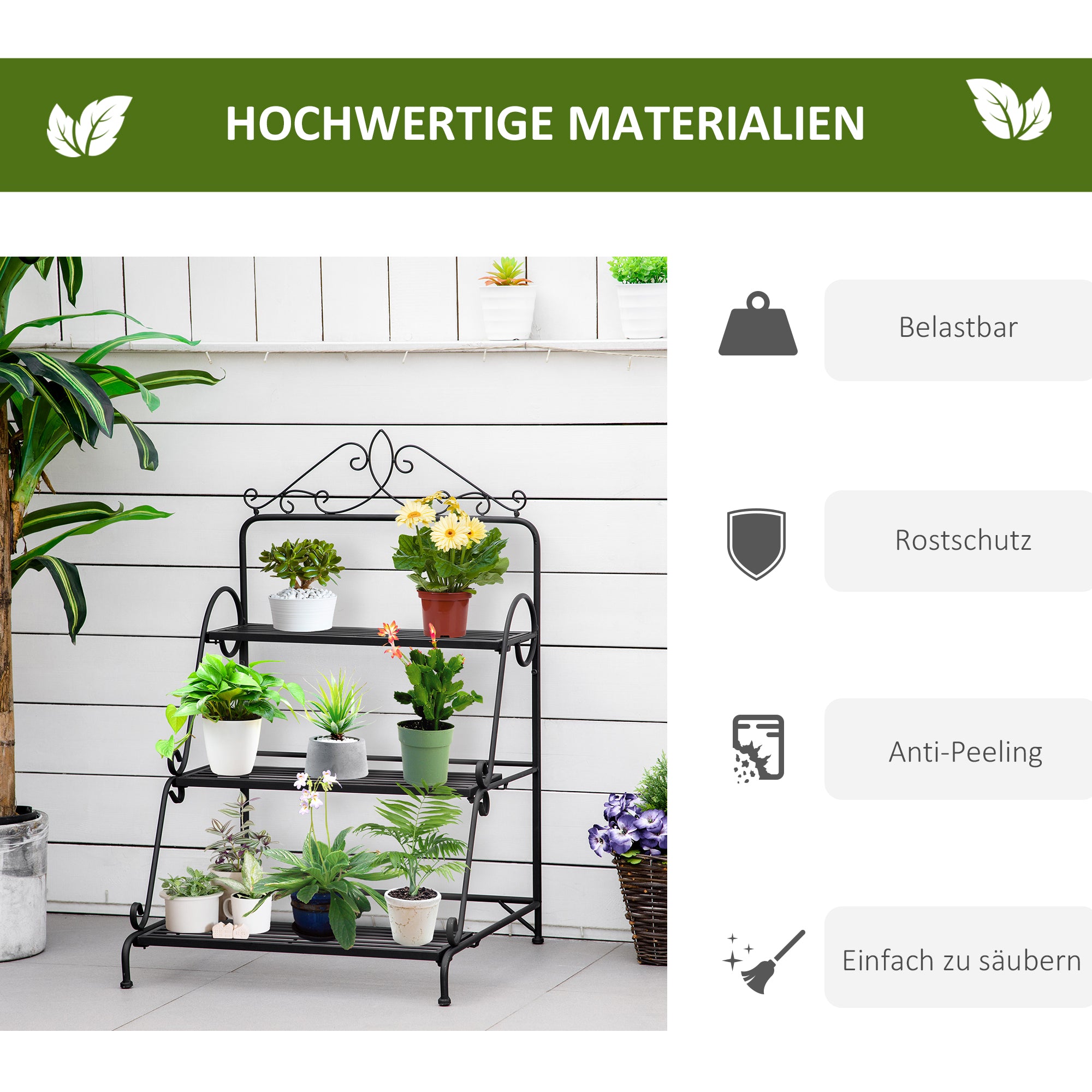 Metal Flower Stand 3 Tiers Plant Stand Plant Stand Ladder Shelf Flower Stand Indoor Outdoor Black 60.5 x 59.5 x 95.5 cm