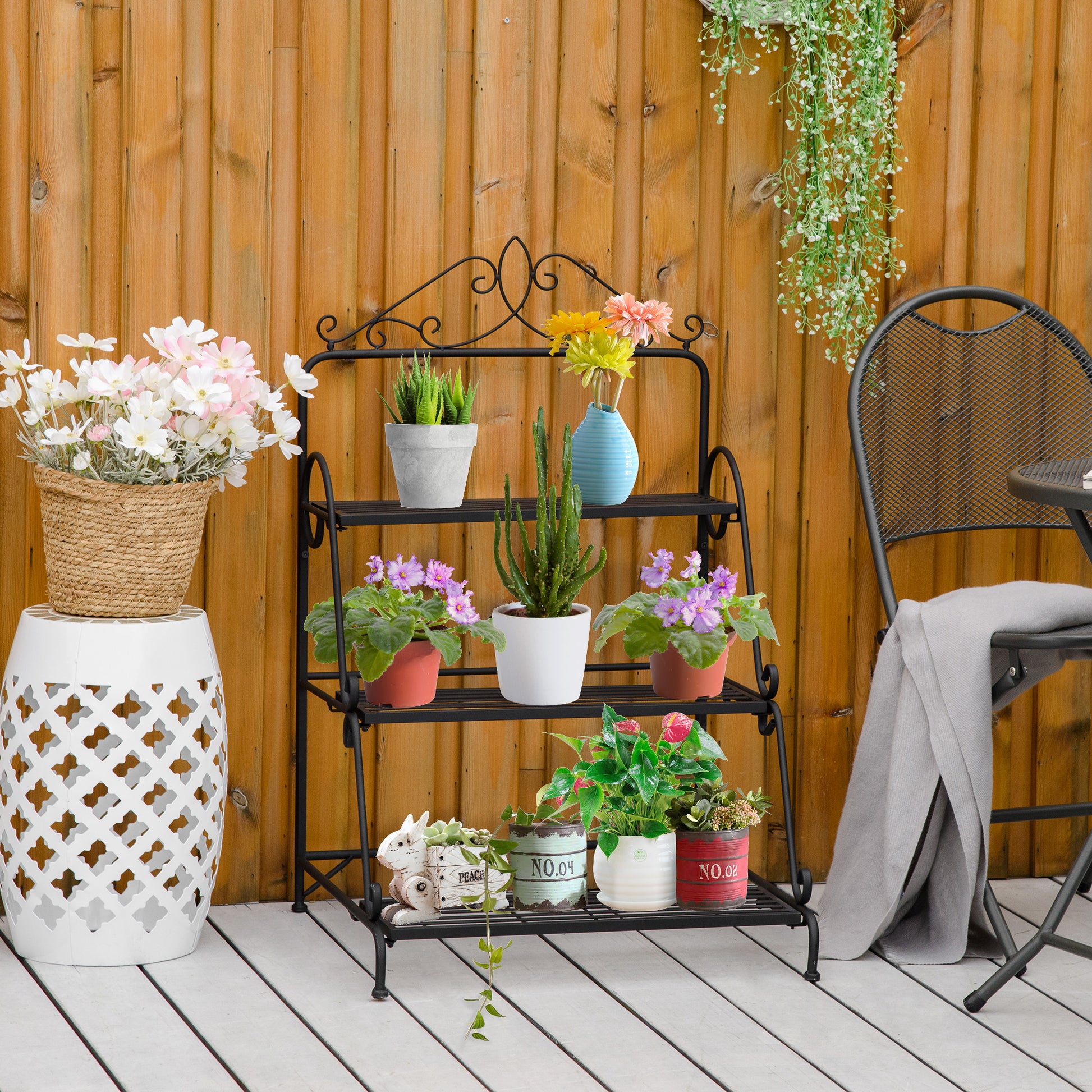 Metal Flower Stand 3 Tiers Plant Stand Plant Stand Ladder Shelf Flower Stand Indoor Outdoor Black 60.5 x 59.5 x 95.5 cm