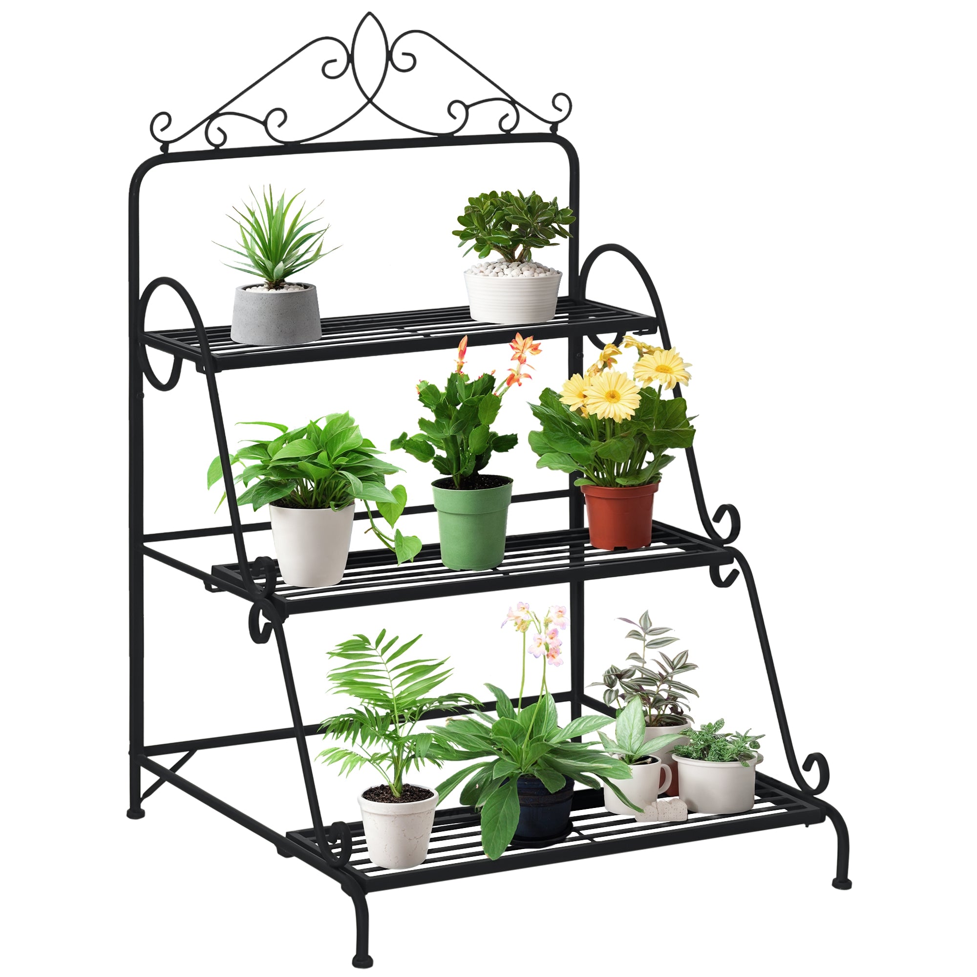 Metal Flower Stand 3 Tiers Plant Stand Plant Stand Ladder Shelf Flower Stand Indoor Outdoor Black 60.5 x 59.5 x 95.5 cm