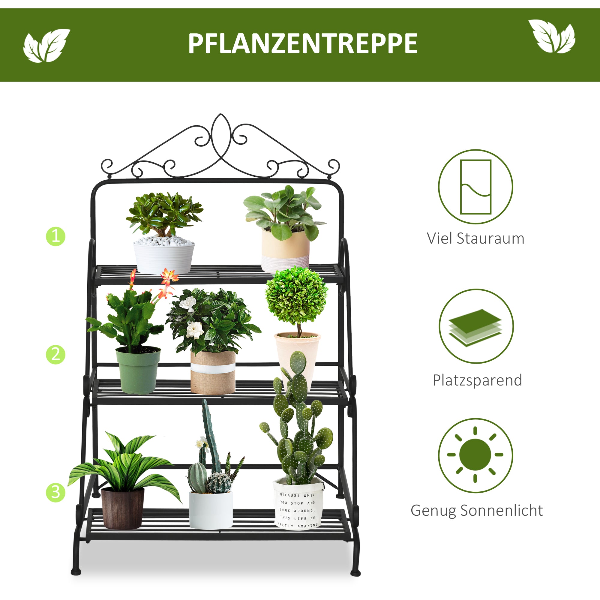 Metal Flower Stand 3 Tiers Plant Stand Plant Stand Ladder Shelf Flower Stand Indoor Outdoor Black 60.5 x 59.5 x 95.5 cm