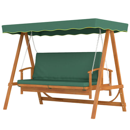 2 in 1 Hollywood swing with reclining function, 3-seater garden swing made of wood, wooden swing with sun canopy seat cushion, swing bench up to 330kg, for garden, terrace, 236x130x181 cm, Dark green