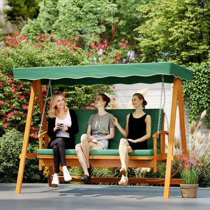 2 in 1 Hollywood swing with reclining function, 3-seater garden swing made of wood, wooden swing with sun canopy seat cushion, swing bench up to 330kg, for garden, terrace, 236x130x181 cm, Dark green
