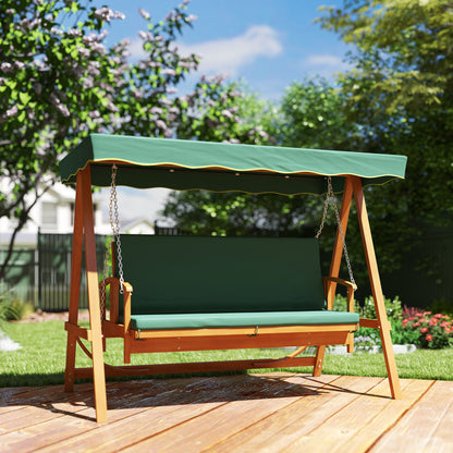 2 in 1 Hollywood swing with reclining function, 3-seater garden swing made of wood, wooden swing with sun canopy seat cushion, swing bench up to 330kg, for garden, terrace, 236x130x181 cm, Dark green