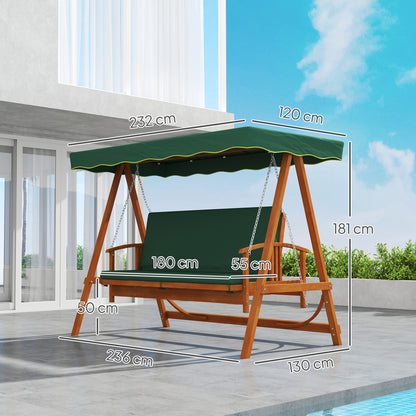 2 in 1 Hollywood swing with reclining function, 3-seater garden swing made of wood, wooden swing with sun canopy seat cushion, swing bench up to 330kg, for garden, terrace, 236x130x181 cm, Dark green
