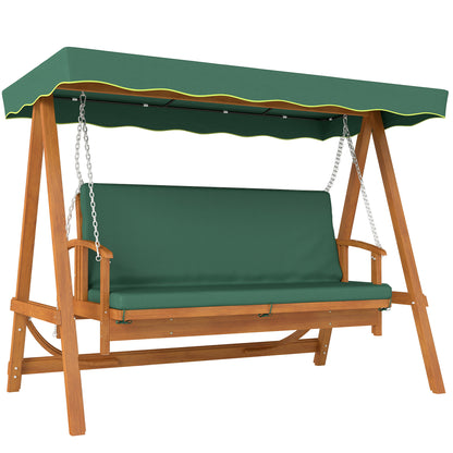 2 in 1 Hollywood swing with reclining function, 3-seater garden swing made of wood, wooden swing with sun canopy seat cushion, swing bench up to 330kg, for garden, terrace, 236x130x181 cm, Dark green