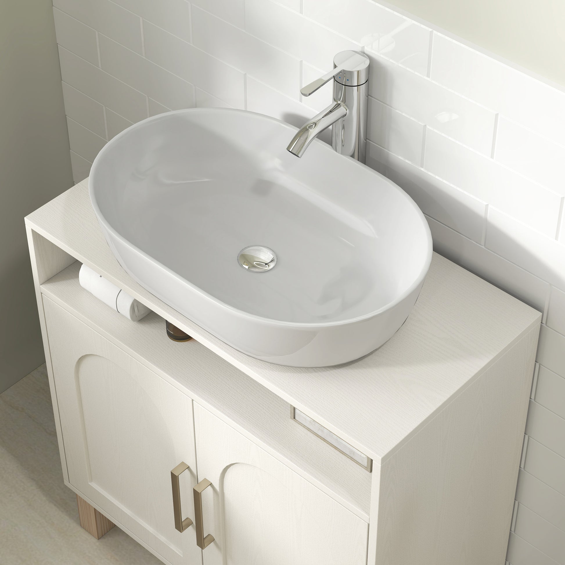Bathroom Under Sink Cabinet, Under Sink Cabinet, Open Shelf Cupboard with 2 Magnetic Doors and Adjustable Shelf, 60 x 30 x 63 cm, White