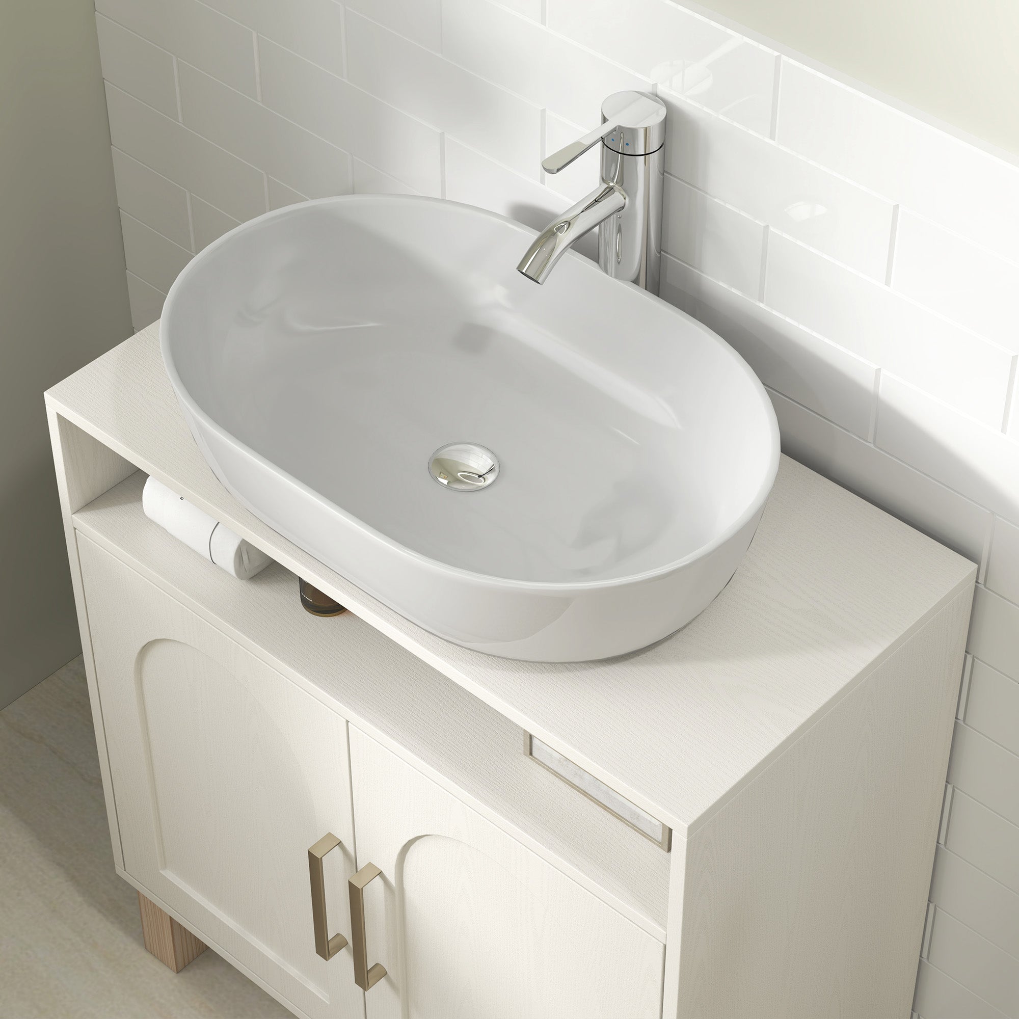 Bathroom Under Sink Cabinet, Under Sink Cabinet, Open Shelf Cupboard with 2 Magnetic Doors and Adjustable Shelf, 60 x 30 x 63 cm, White