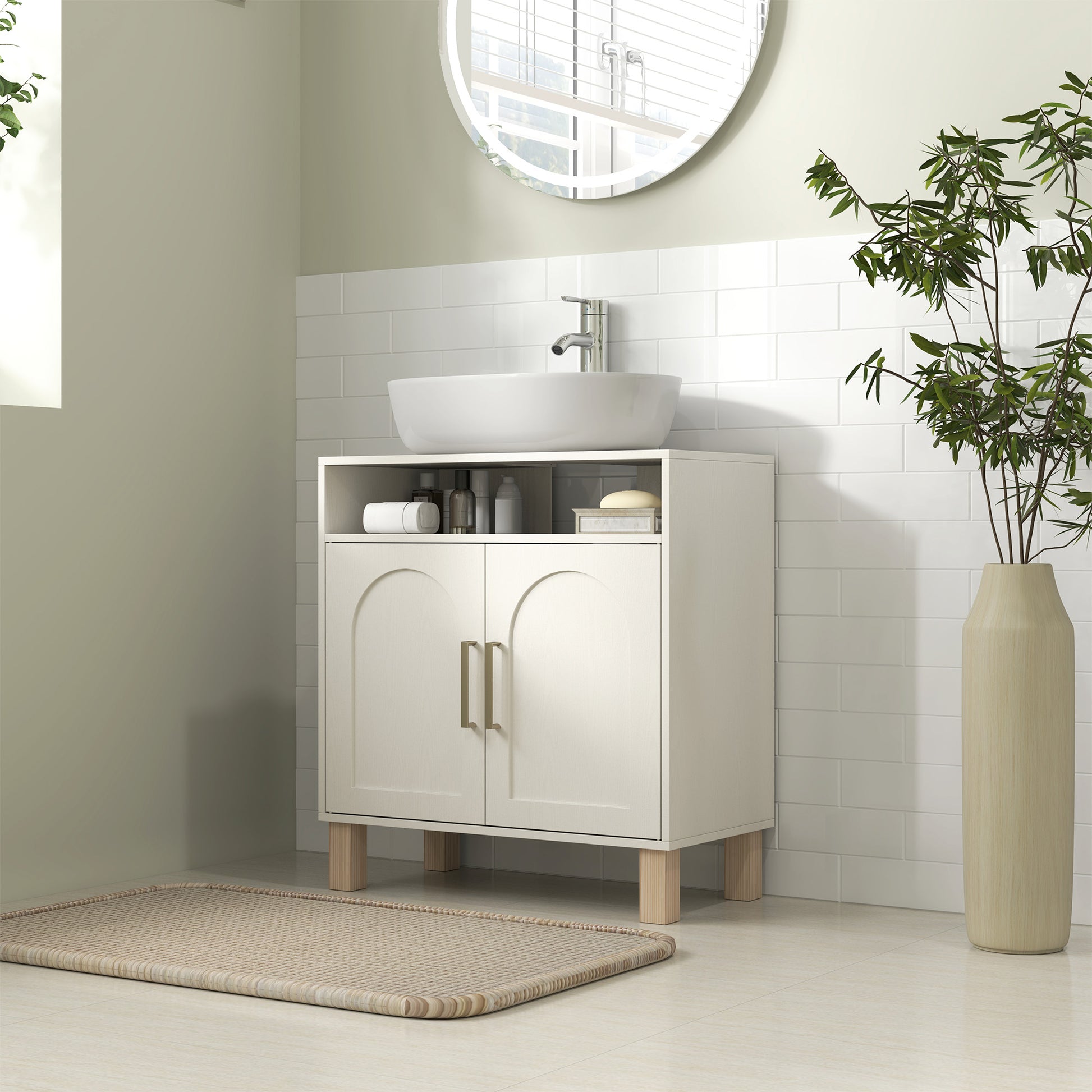 Bathroom Under Sink Cabinet, Under Sink Cabinet, Open Shelf Cupboard with 2 Magnetic Doors and Adjustable Shelf, 60 x 30 x 63 cm, White