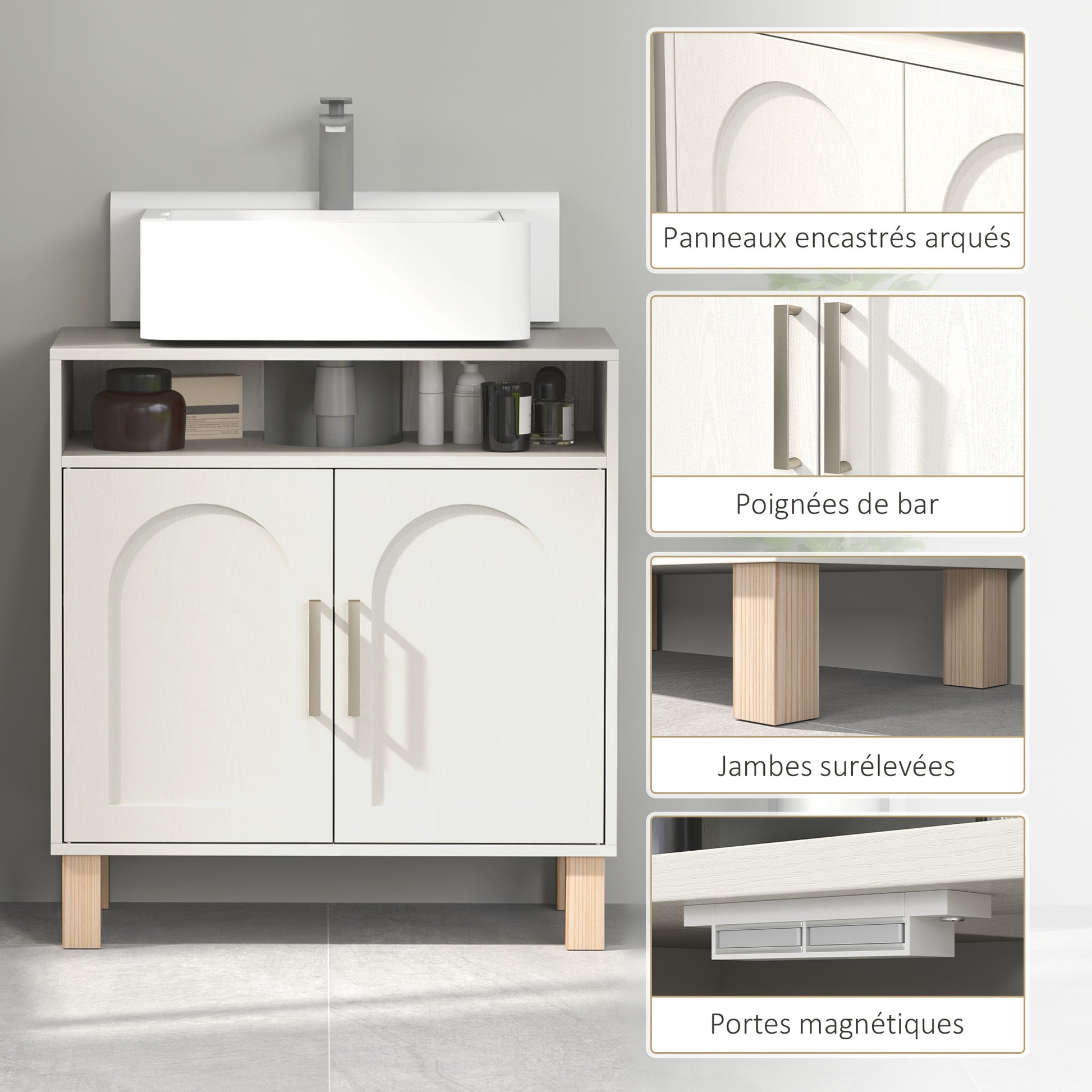 Bathroom Under Sink Cabinet, Under Sink Cabinet, Open Shelf Cupboard with 2 Magnetic Doors and Adjustable Shelf, 60 x 30 x 63 cm, White