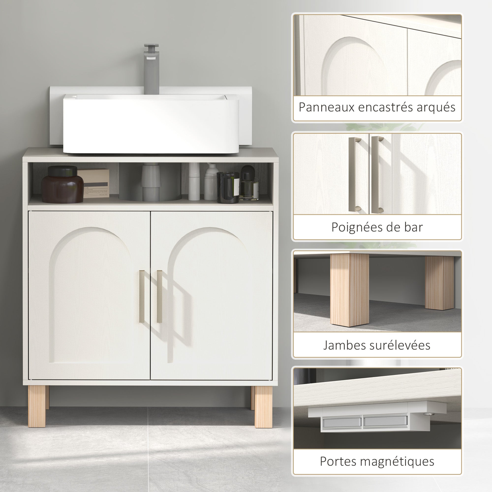 Bathroom Under Sink Cabinet, Under Sink Cabinet, Open Shelf Cupboard with 2 Magnetic Doors and Adjustable Shelf, 60 x 30 x 63 cm, White