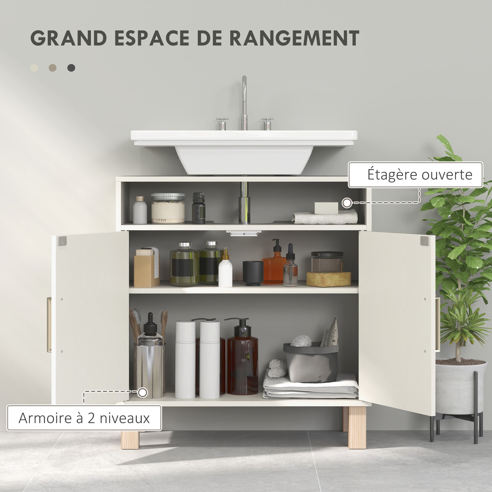 Bathroom Under Sink Cabinet, Under Sink Cabinet, Open Shelf Cupboard with 2 Magnetic Doors and Adjustable Shelf, 60 x 30 x 63 cm, White