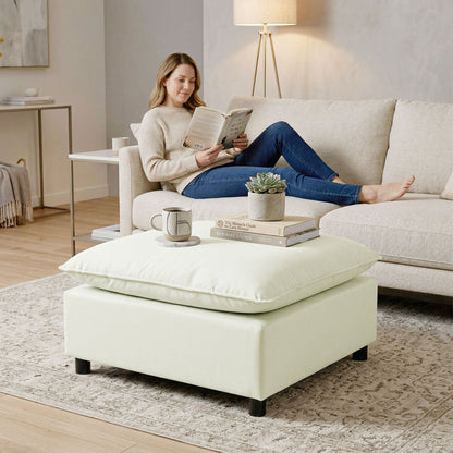 Modular Footstool with Soft Cushion — Square Linen-Effect Ottoman Pouf for Bedroom & Living Room, Cream White