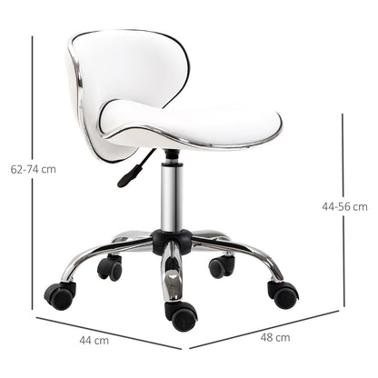 Rolling Stool Work Stool with Adjustable Height 44-56 cm and Backrest, 360° Swivel Office Stool for Massage Salon, Office, Clinic, White