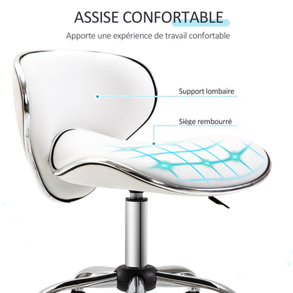 Rolling Stool Work Stool with Adjustable Height 44-56 cm and Backrest, 360° Swivel Office Stool for Massage Salon, Office, Clinic, White