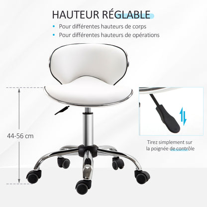 Rolling Stool Work Stool with Adjustable Height 44-56 cm and Backrest, 360° Swivel Office Stool for Massage Salon, Office, Clinic, White