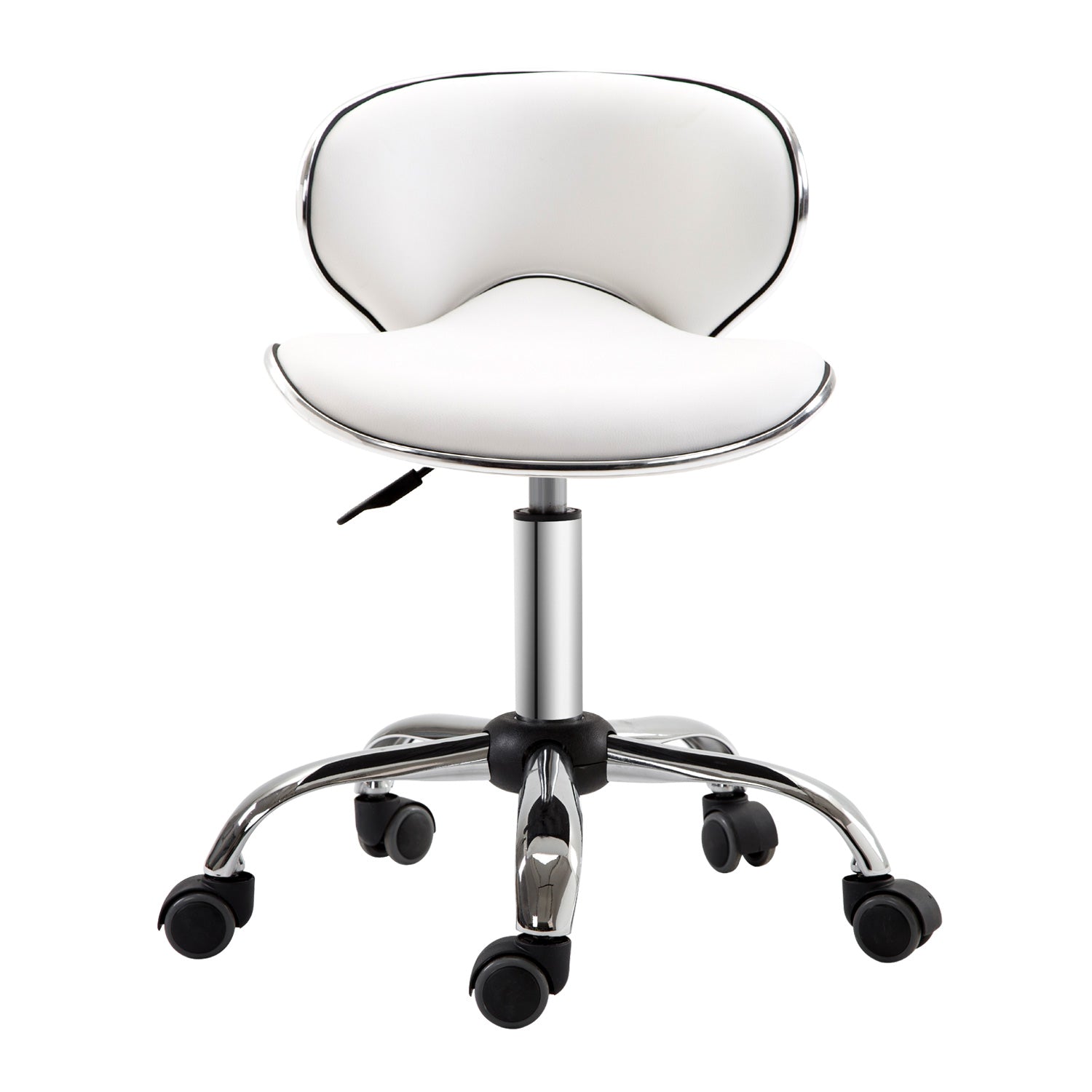 Rolling Stool Work Stool with Adjustable Height 44-56 cm and Backrest, 360° Swivel Office Stool for Massage Salon, Office, Clinic, White