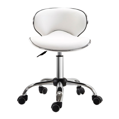 Rolling Stool Work Stool with Adjustable Height 44-56 cm and Backrest, 360° Swivel Office Stool for Massage Salon, Office, Clinic, White
