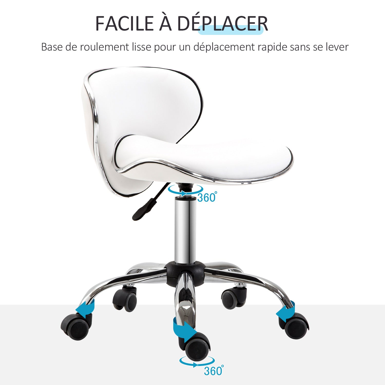 Rolling Stool Work Stool with Adjustable Height 44-56 cm and Backrest, 360° Swivel Office Stool for Massage Salon, Office, Clinic, White