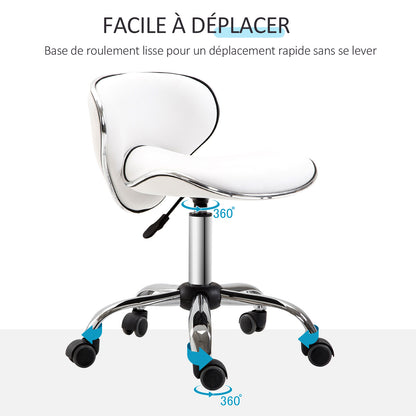 Rolling Stool Work Stool with Adjustable Height 44-56 cm and Backrest, 360° Swivel Office Stool for Massage Salon, Office, Clinic, White