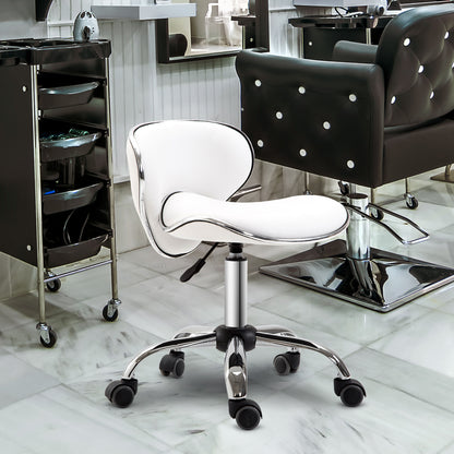 Rolling Stool Work Stool with Adjustable Height 44-56 cm and Backrest, 360° Swivel Office Stool for Massage Salon, Office, Clinic, White