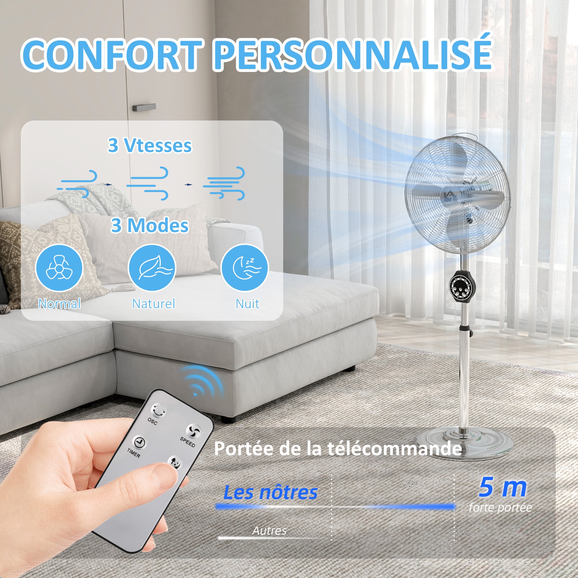 Powerful 50W Stand Fan, Height Adjustable Fan 120-135 cm, 3 Speeds, 75° Oscillation, 7.5H Timer, Remote Control, Sleep Mode, for Office and Bedroom, Silver
