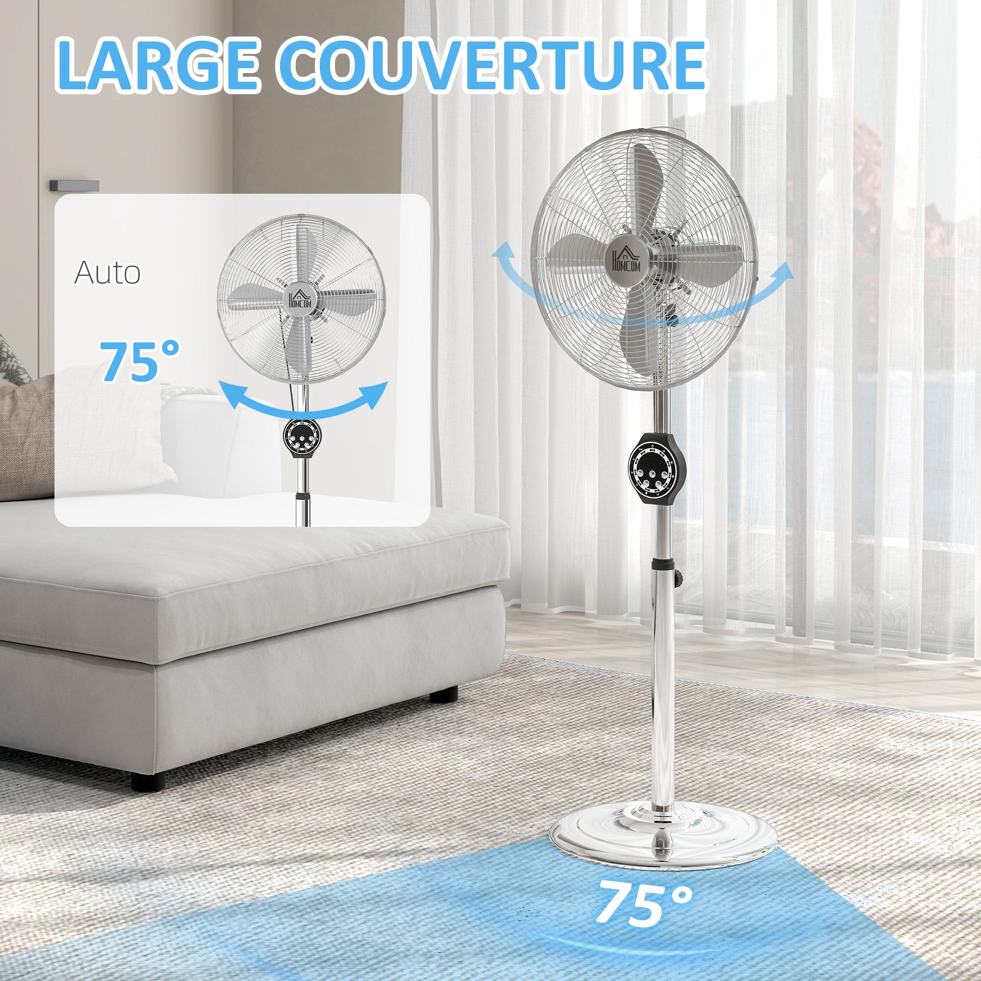 Powerful 50W Stand Fan, Height Adjustable Fan 120-135 cm, 3 Speeds, 75° Oscillation, 7.5H Timer, Remote Control, Sleep Mode, for Office and Bedroom, Silver