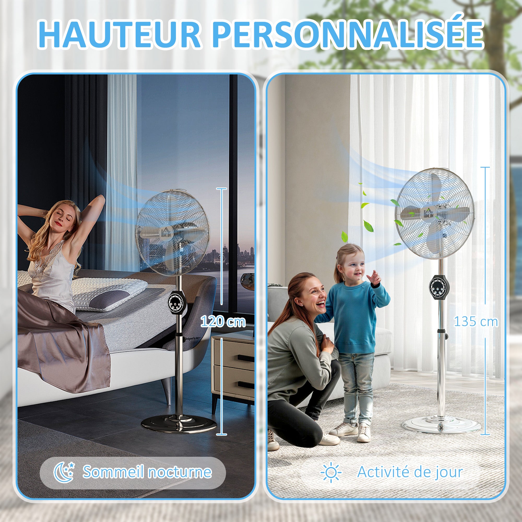 Powerful 50W Stand Fan, Height Adjustable Fan 120-135 cm, 3 Speeds, 75° Oscillation, 7.5H Timer, Remote Control, Sleep Mode, for Office and Bedroom, Silver