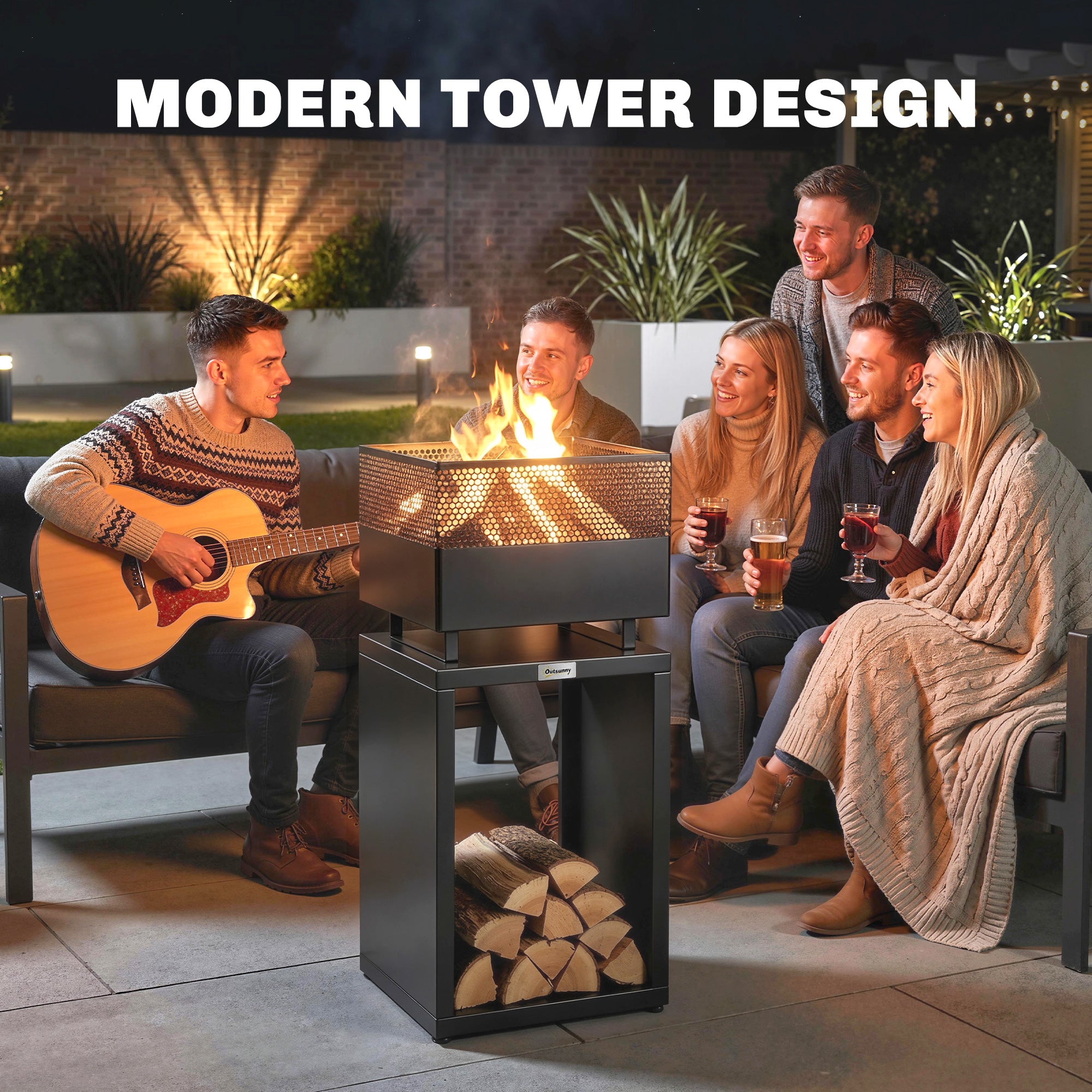Fire Pit Tower with Wood Storage, 15.4 x 15.4 x 34.3 in — Coal Grate & Adjustable Feet, Black